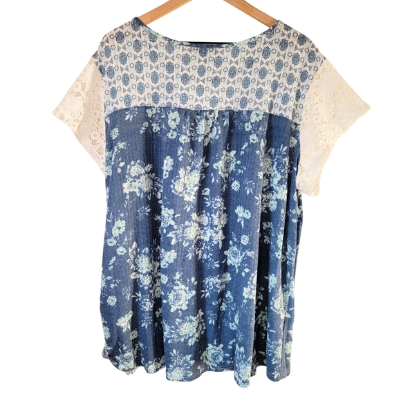 Suzanne Betro Womens Ivory & Blue Floral Lace Blouse Plus Size 4X - Picture 4 of 11